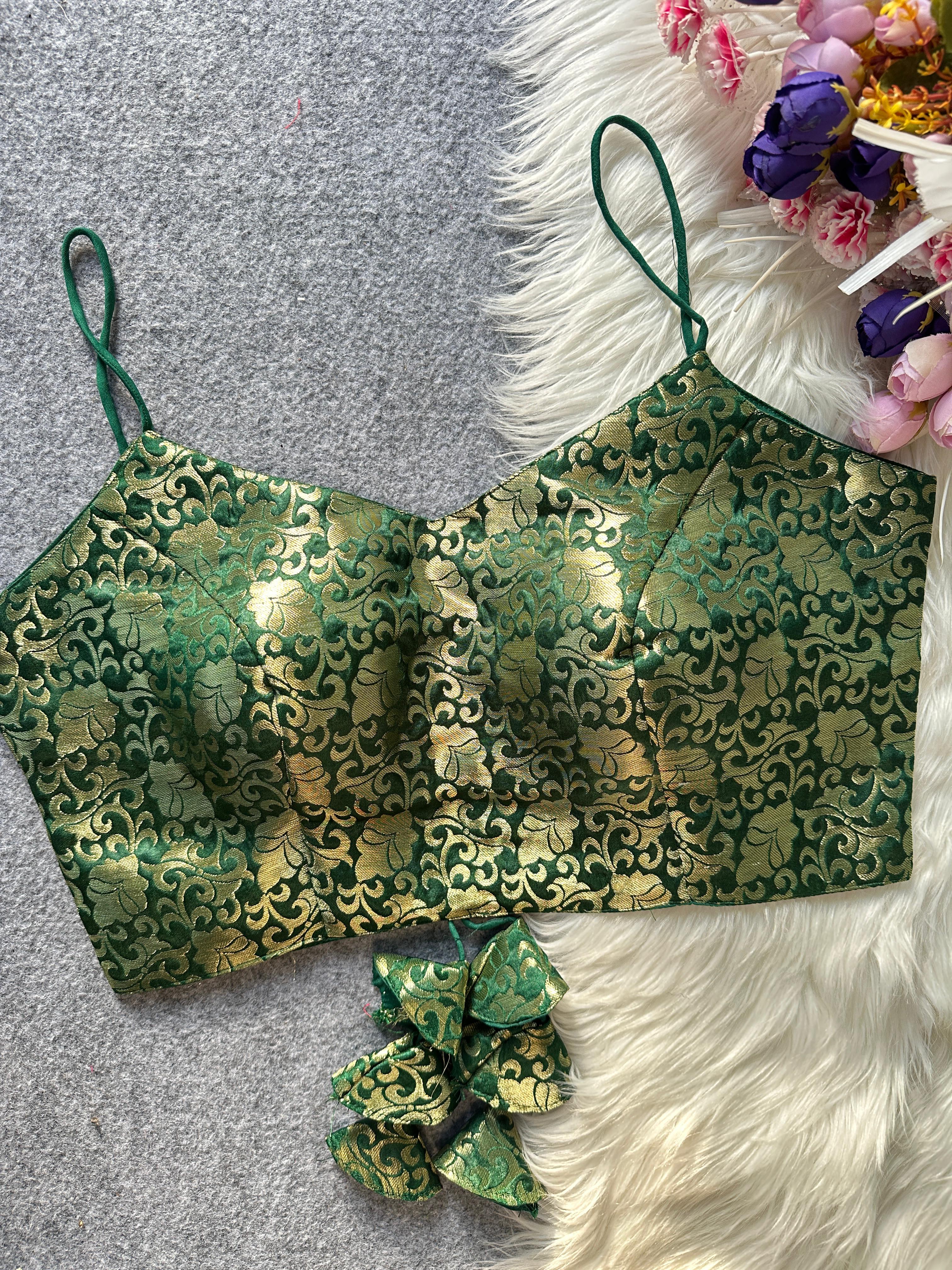 Pure Jacquard Silk Partywear Blouse-Sleeve less-Green